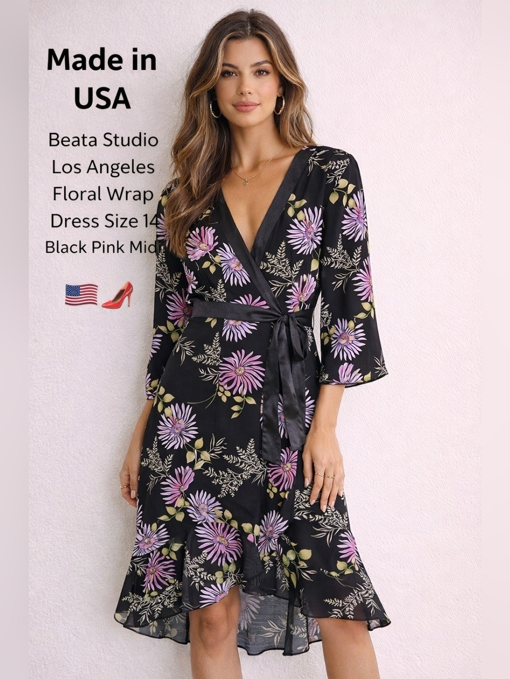 Beata Studio Los Angeles Floral Wrap Dress Size 14 Black Pink Midi Made in USA.